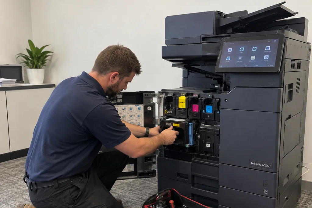 A technician working on an office copier on site